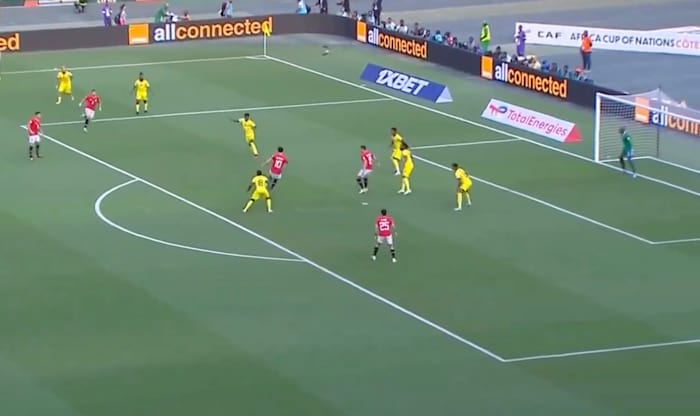 Mo Salah pictured (no.10) attempting to shoot during Egypt's game against Mozambique in the Africa Cup of Nations in January 2024